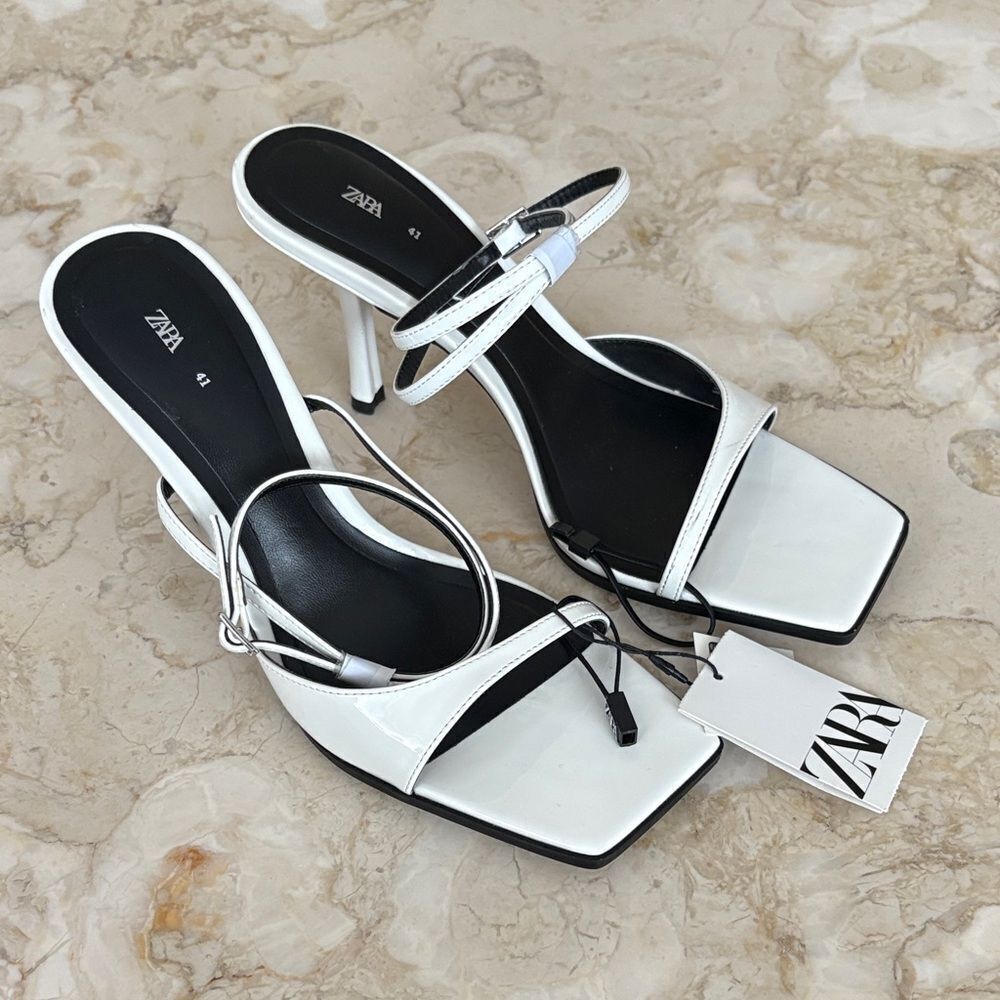 NWT Zara Strappy Patent Leather Asymmetrical Square Toe Heeled Sandals - Picture 1 of 8